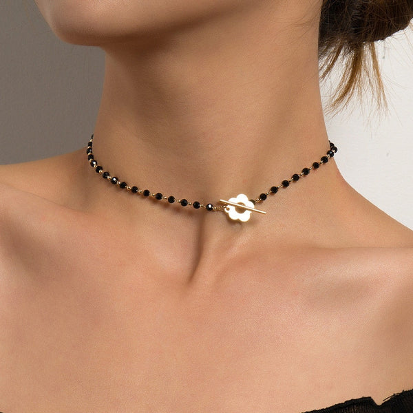 Hot New Fashion Luxury Black Crystal Glass Pearl Bead Chain Choker Necklace For Women Flower Lariat Lock Collar Necklace Gifts