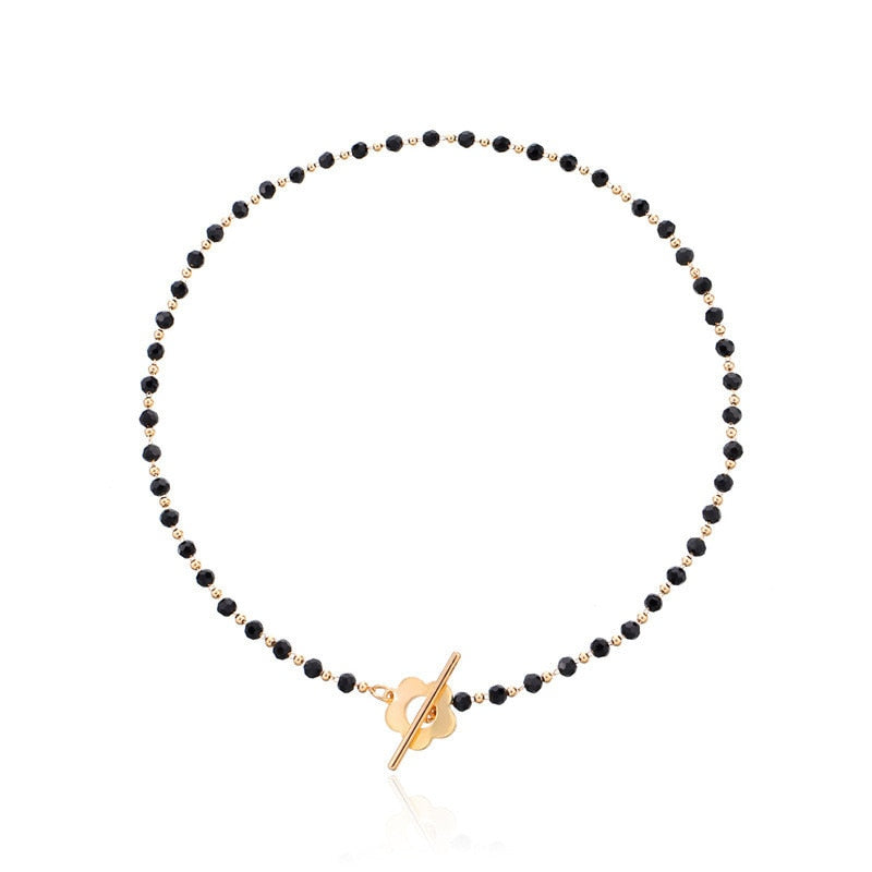 Hot New Fashion Luxury Black Crystal Glass Pearl Bead Chain Choker Necklace For Women Flower Lariat Lock Collar Necklace Gifts