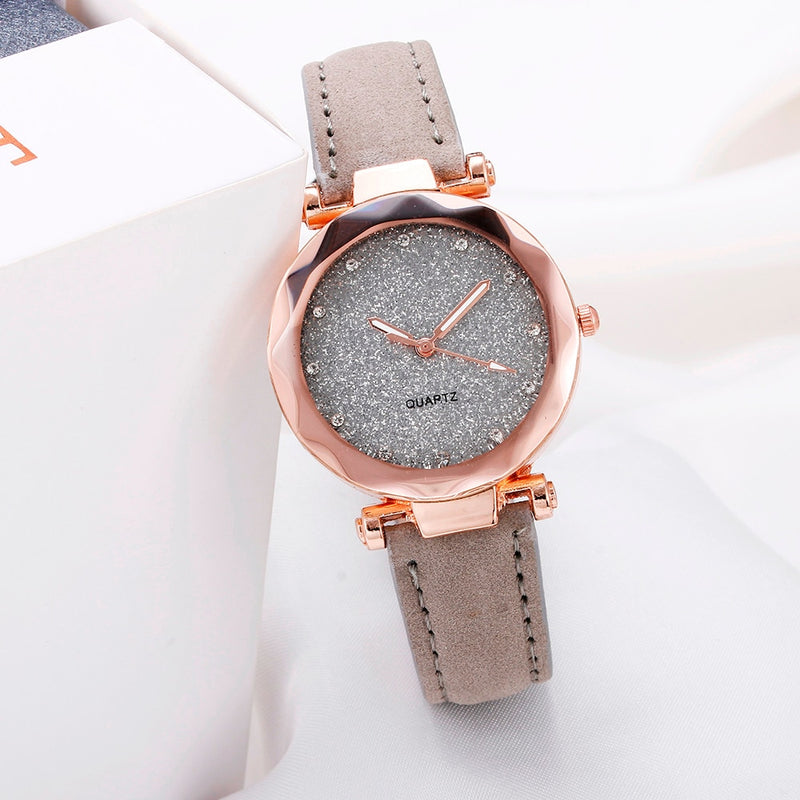 Casual Women Leather Rhinestone Watch