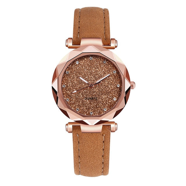 Casual Women Leather Rhinestone Watch