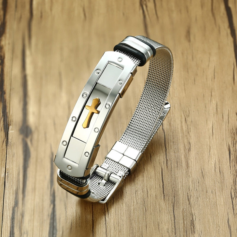 Stainless Steel Christian Bracelet Band with adjustable Buckle clasp for Men