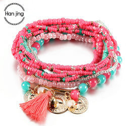 Bohemian Jewelry Multilayer Elastic Set Bracelets With Tassel Gold Coin and Glass Beads Charm