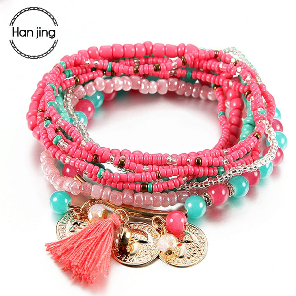 Bohemian Jewelry Multilayer Elastic Set Bracelets With Tassel Gold Coin and Glass Beads Charm