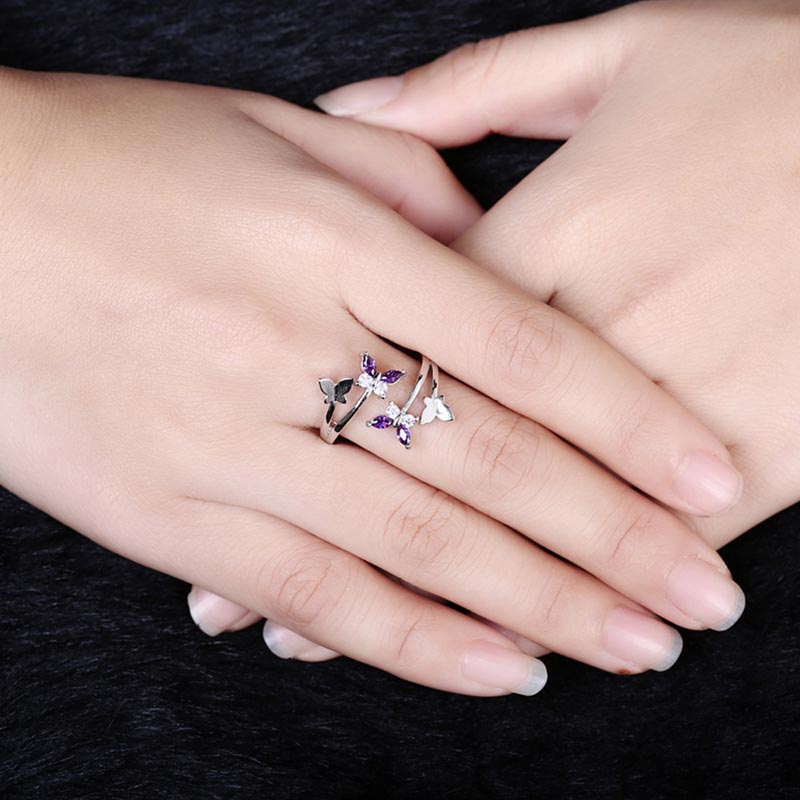 Korean Style Amethyst Gemstone Flower Shape Ring for Women