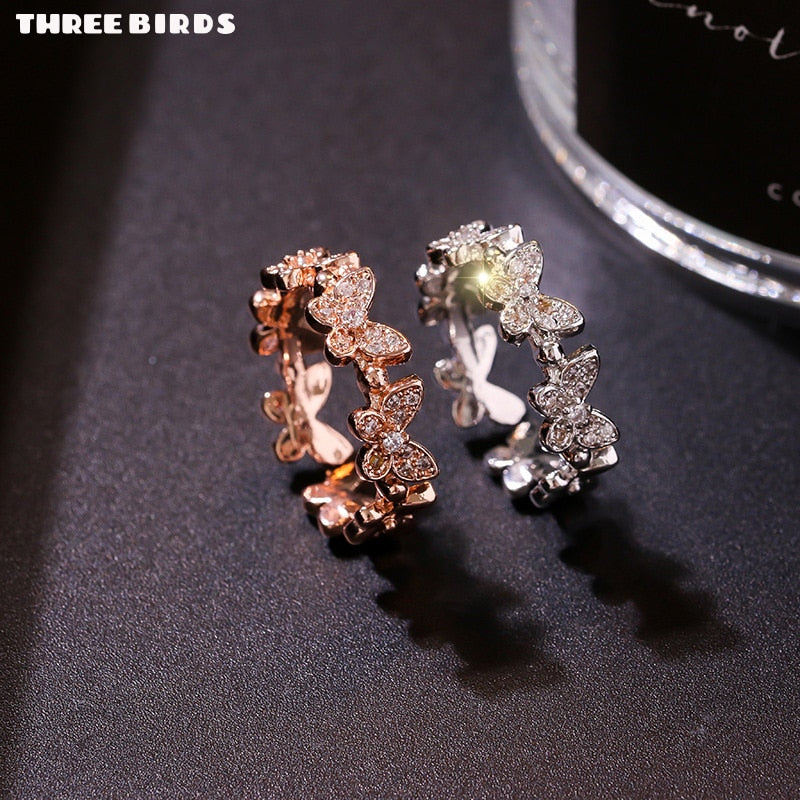 Tiny Trendy Cubic Zirconia Crystal Rose Gold Silver Butterfly Ring for Women