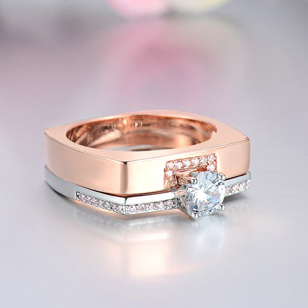 Two Color Luxury Female White Zircon Crystal Ring Set for Women