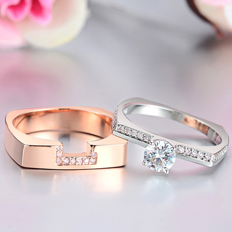 Two Color Luxury Female White Zircon Crystal Ring Set for Women