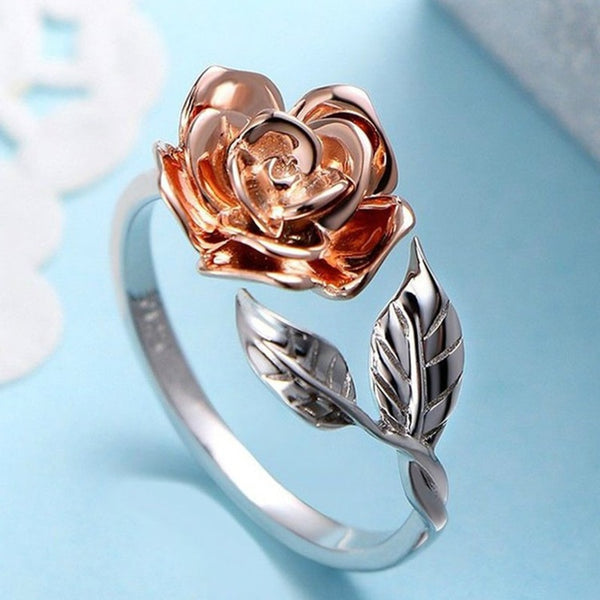 Open Ring Glamour Red Rose Flower Leaf for Women Silver Color