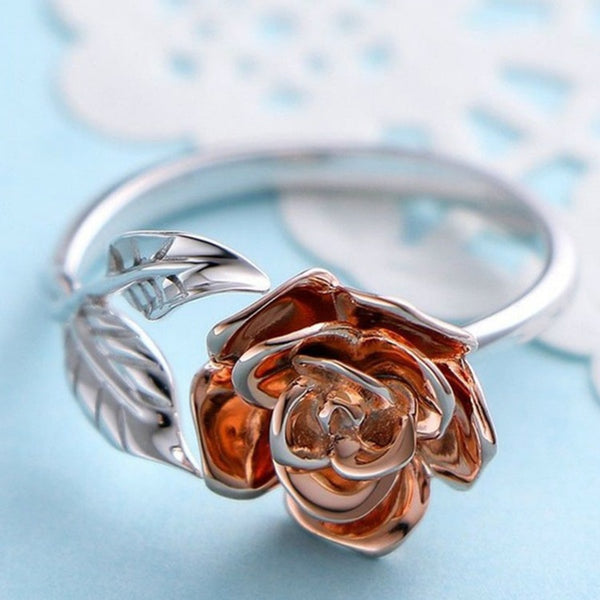 Open Ring Glamour Red Rose Flower Leaf for Women Silver Color