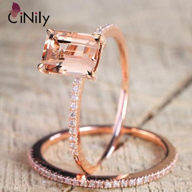 2 Pcs Set Morganite Zircon Rose Gold Romantic Spring Ring for Women