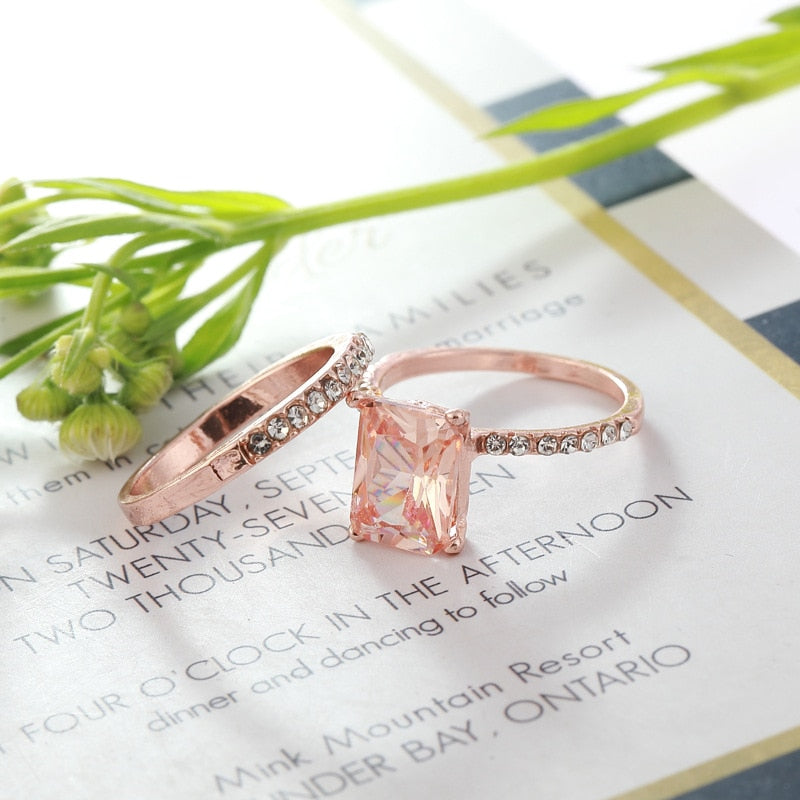 2 Pcs Set Morganite Zircon Rose Gold Romantic Spring Ring for Women