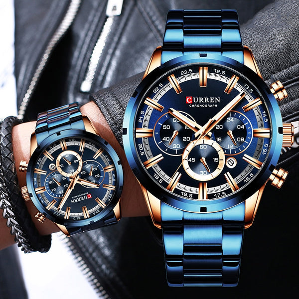 Waterproof Luxury Blue Watch Stainless Steel Band For Bussines Mens