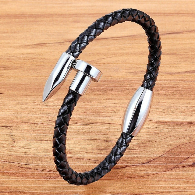 Genuine Leather Bangle Stainless Steel for Men