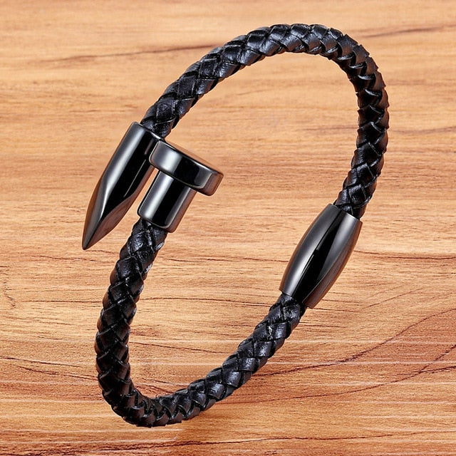 Genuine Leather Bangle Stainless Steel for Men