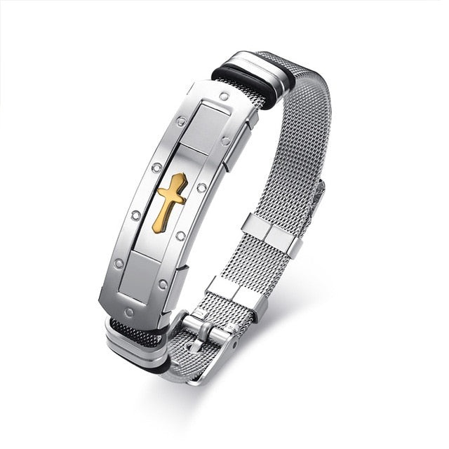 Stainless Steel Christian Bracelet Band with adjustable Buckle clasp for Men