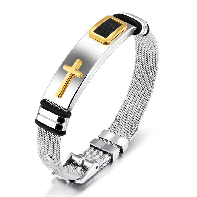 Stainless Steel Christian Bracelet Band with adjustable Buckle clasp for Men