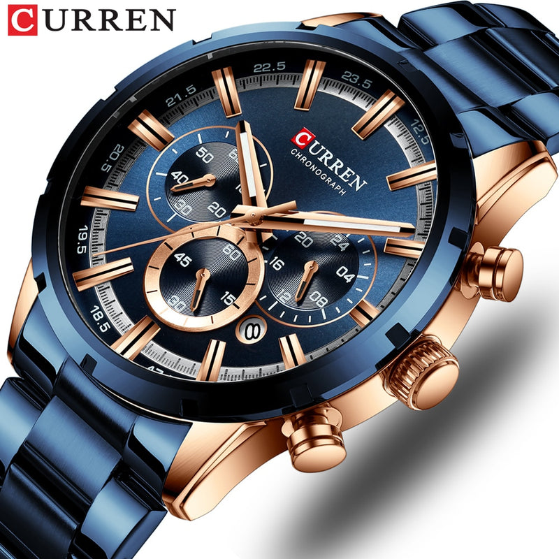 Waterproof Luxury Blue Watch Stainless Steel Band For Bussines Mens