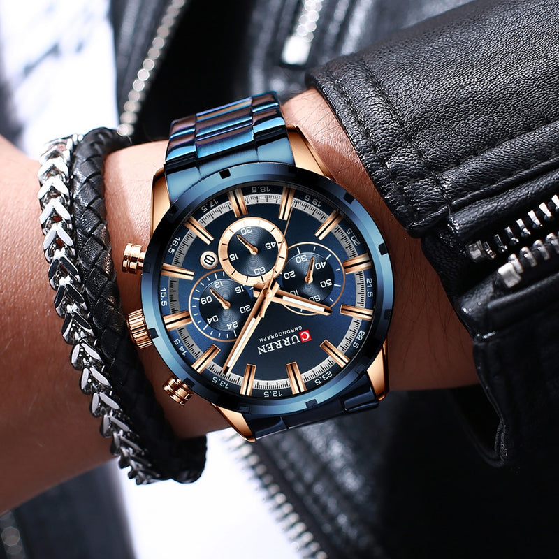 Waterproof Luxury Blue Watch Stainless Steel Band For Bussines Mens