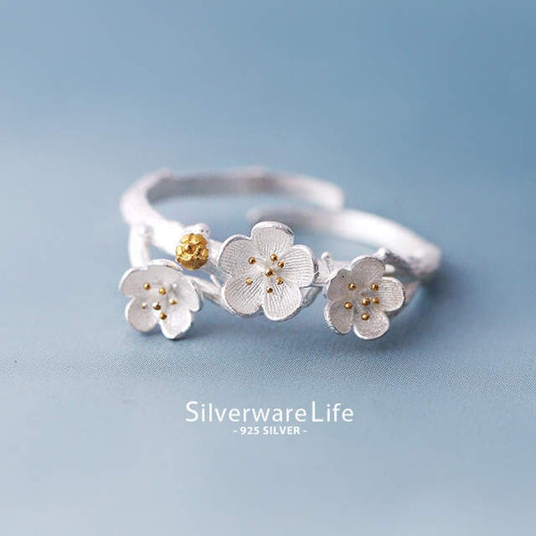 Sterling Silver Plum Flower Ring for Women