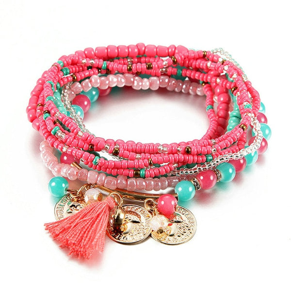 Bohemian Jewelry Multilayer Elastic Set Bracelets With Tassel Gold Coin and Glass Beads Charm