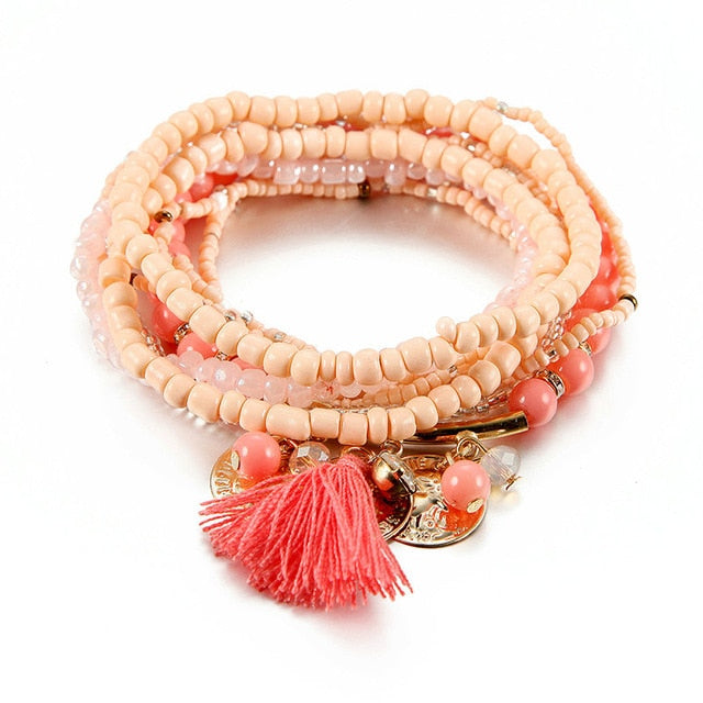 Bohemian Jewelry Multilayer Elastic Set Bracelets With Tassel Gold Coin and Glass Beads Charm