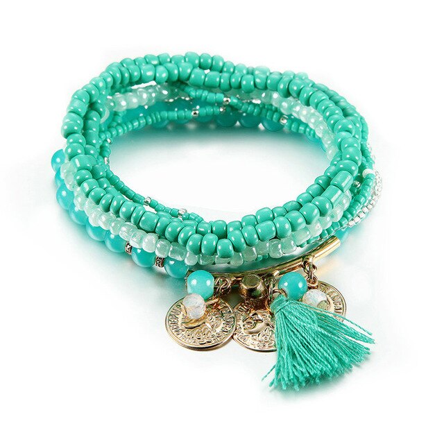 Bohemian Jewelry Multilayer Elastic Set Bracelets With Tassel Gold Coin and Glass Beads Charm