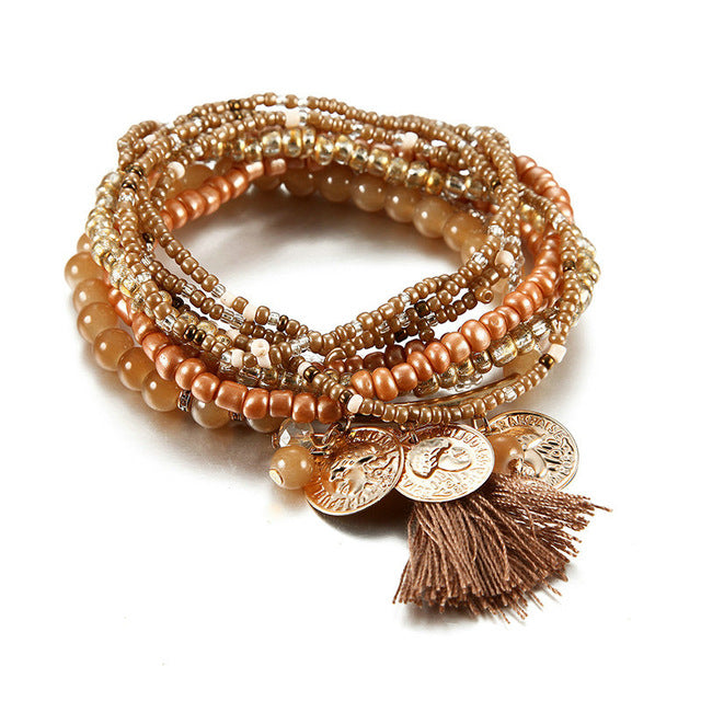 Bohemian Jewelry Multilayer Elastic Set Bracelets With Tassel Gold Coin and Glass Beads Charm