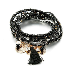 Bohemian Jewelry Multilayer Elastic Set Bracelets With Tassel Gold Coin and Glass Beads Charm