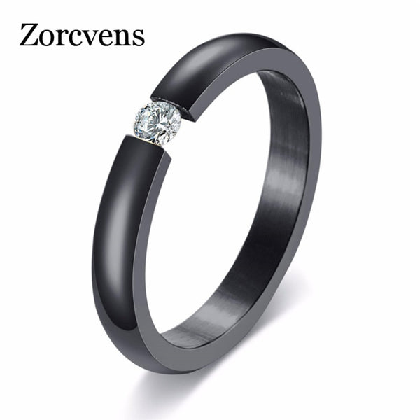 High Polished 4 Colors Stainless Steel Cubic Zirconia Stone Ring for Women