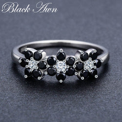 Sterling Silver Flower Bague Black Spinel Ring for Women