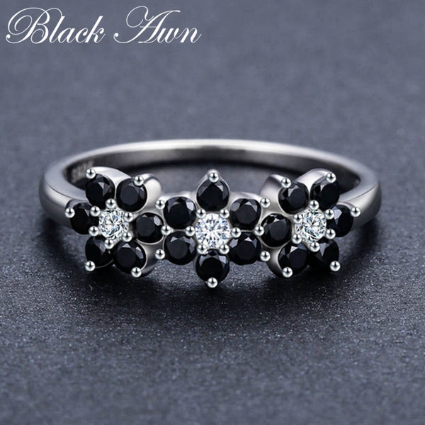 Sterling Silver Flower Bague Black Spinel Ring for Women