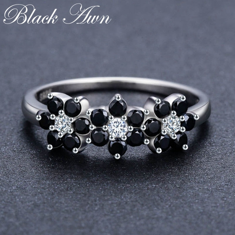 Sterling Silver Flower Bague Black Spinel Ring for Women – Bear By