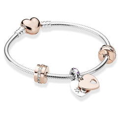 European Heart Pendant Charm Bracelet Rose Gold for Women