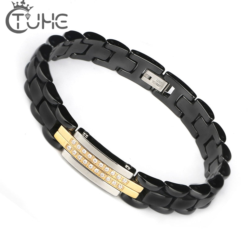 Ceramic Black White Bracelet Crystal Stainless Steel for Women and Men