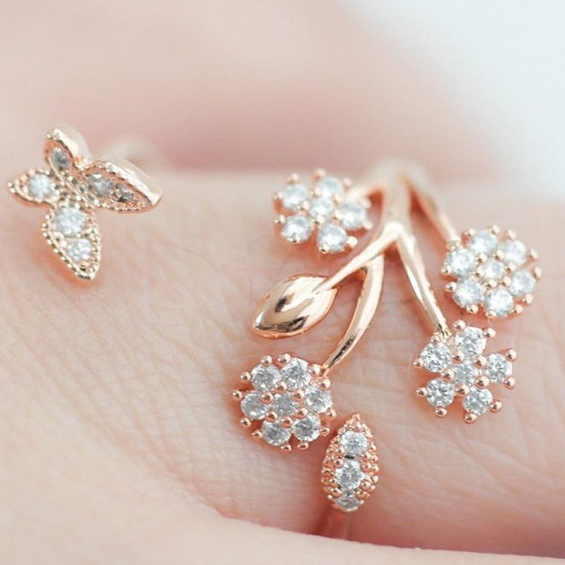 Tree Leaf Crystal Butterfly Adjustable Ring for Women