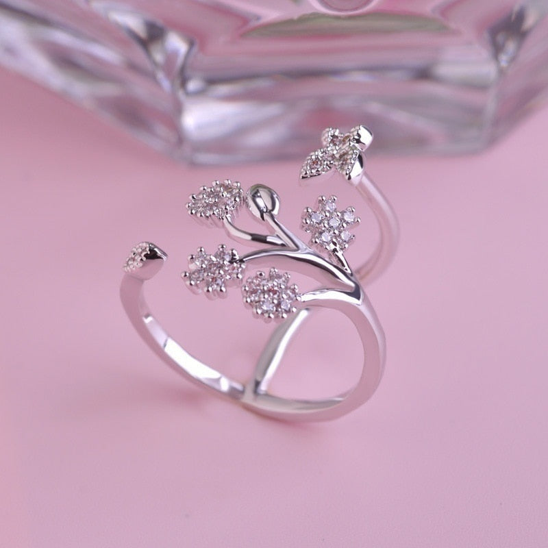 Tree Leaf Crystal Butterfly Adjustable Ring for Women