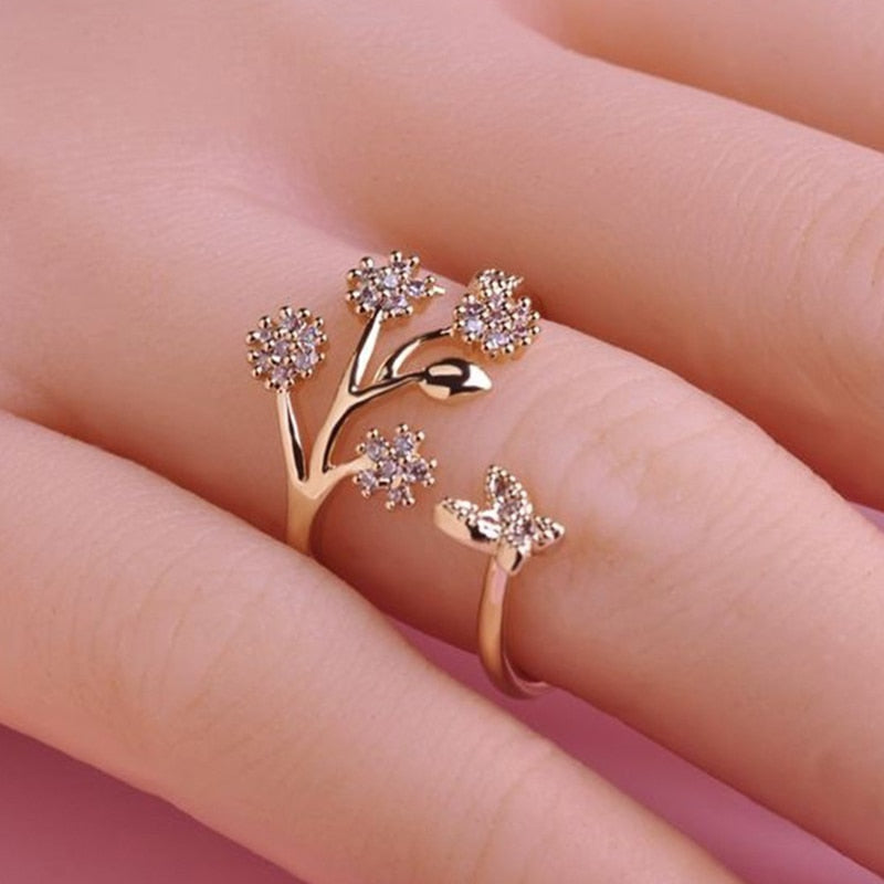 Tree Leaf Crystal Butterfly Adjustable Ring for Women