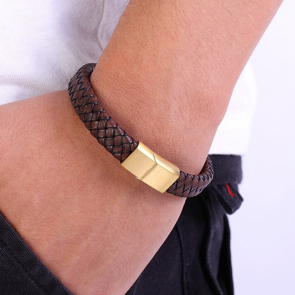 New 2020 Combination Brown color Leather Stainless Steel Buckle Bracelet for Men (Hot selling)