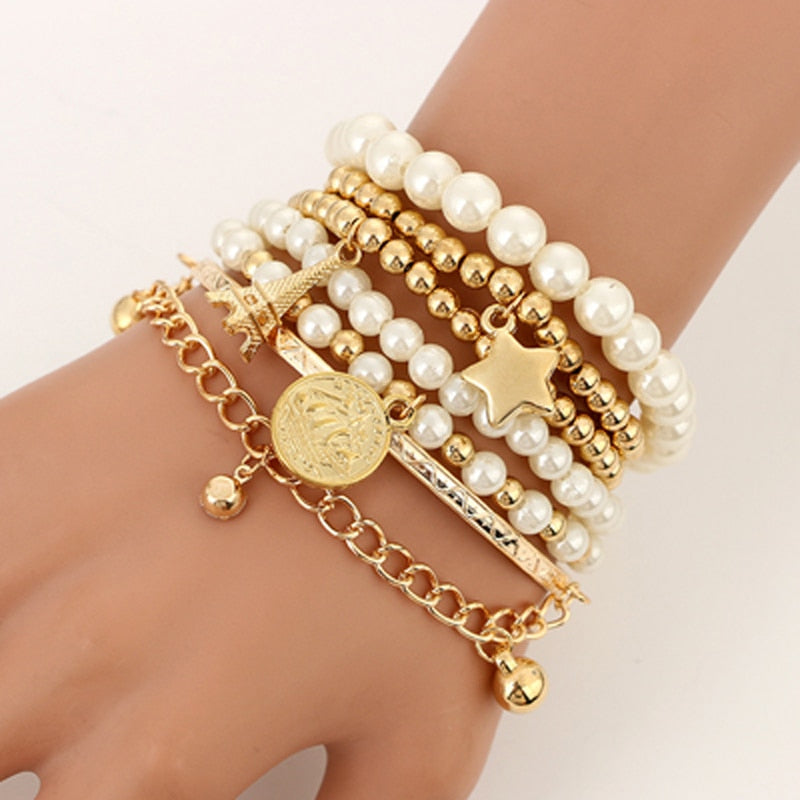 Fashion Gold Color Beads Pearl Star Multilayer 6pcs/set for Women