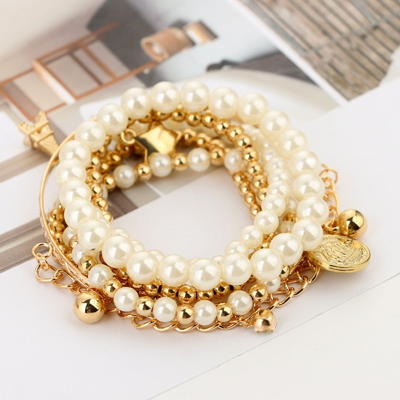 Fashion Gold Color Beads Pearl Star Multilayer 6pcs/set for Women