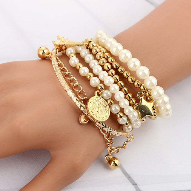 Fashion Gold Color Beads Pearl Star Multilayer 6pcs/set for Women