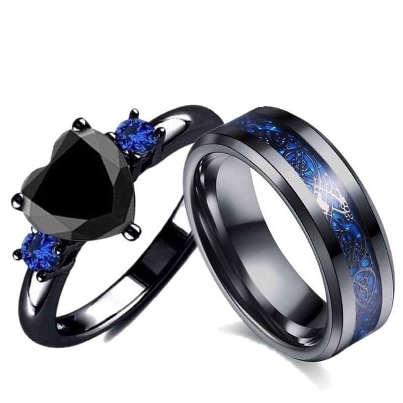 Couple Romantic Ring Fashion wedding Black Heart Cubic Zirconia Ring Set for Womens and  Mens