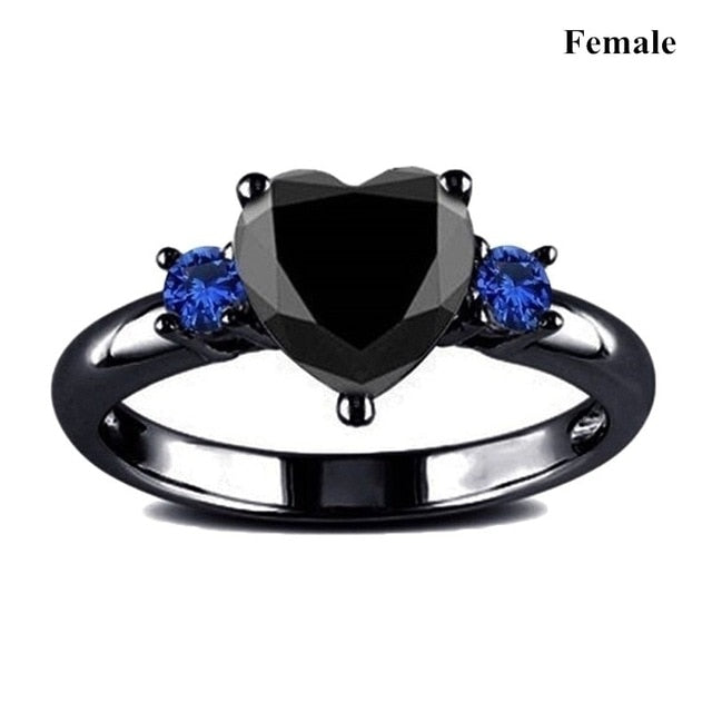 Couple Romantic Ring Fashion wedding Black Heart Cubic Zirconia Ring Set for Womens and  Mens