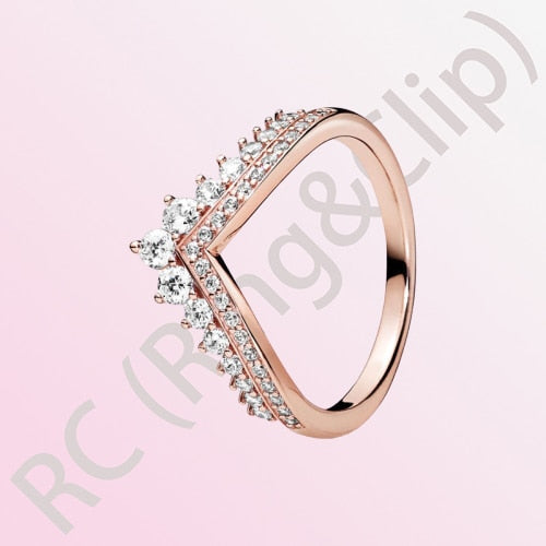 Sterling Silver Princess Tiara Crown Sparkling Love Heart Ring for Women