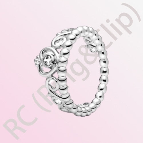 Sterling Silver Princess Tiara Crown Sparkling Love Heart Ring for Women