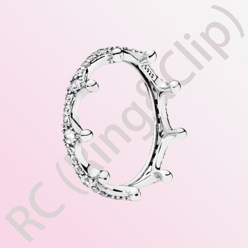 Sterling Silver Princess Tiara Crown Sparkling Love Heart Ring for Women