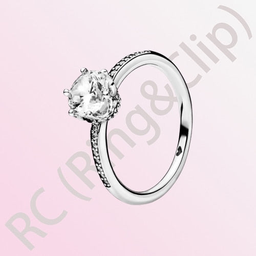 Sterling Silver Princess Tiara Crown Sparkling Love Heart Ring for Women