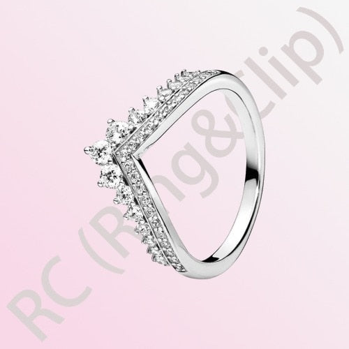 Sterling Silver Princess Tiara Crown Sparkling Love Heart Ring for Women