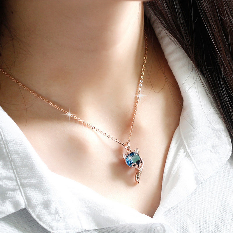 Cute Fox Crystal Zircon Diamonds Gemstones Pendant Necklaces for Women at Rose Gold white Silver color