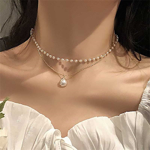 New Double Layer Chain Gold Color Choker Necklace korean style with Pearl Pendant